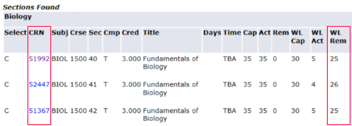 A sample class list with all CRNs and waitlist spots remaining outlined in red.