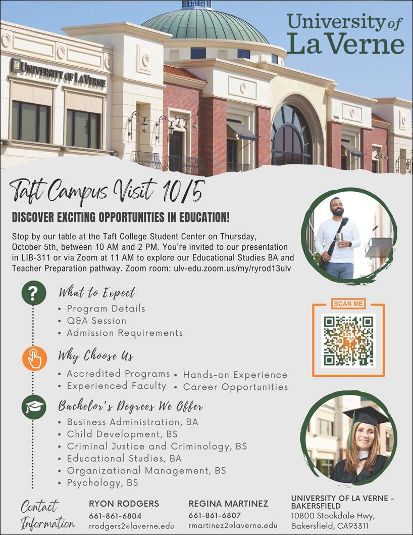 Transfer Event with University of La Verne october 5th in the Student Center from 10am to 2pm